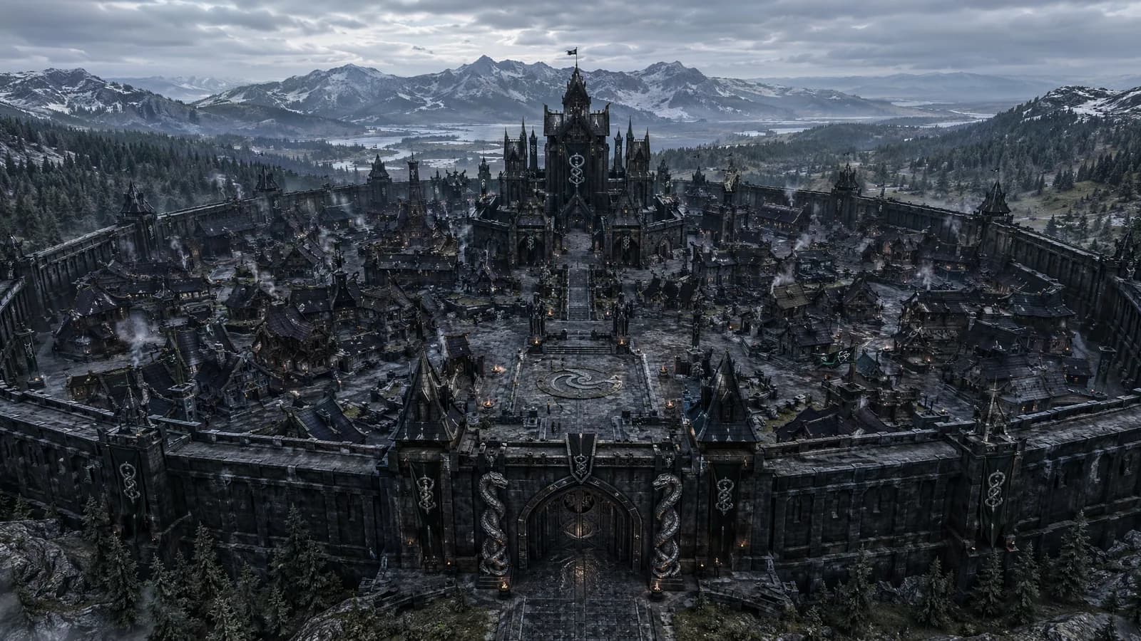 蛇族领地建筑与地貌的全景概念图